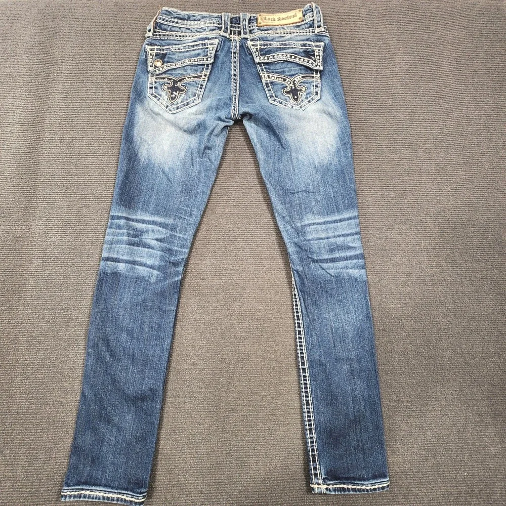 Rock Revival Johanna Skinny Jeans Women 27 Blue Embellished Thick Stitch Denim - Picture 3 of 8